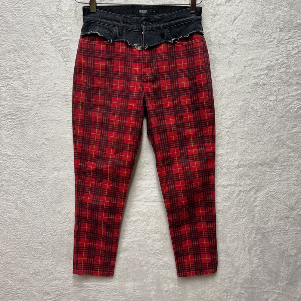 Hudson Bettie Taper Jeans Women 27 Red Tartan Plaid High Rise Funky Frayed Taper